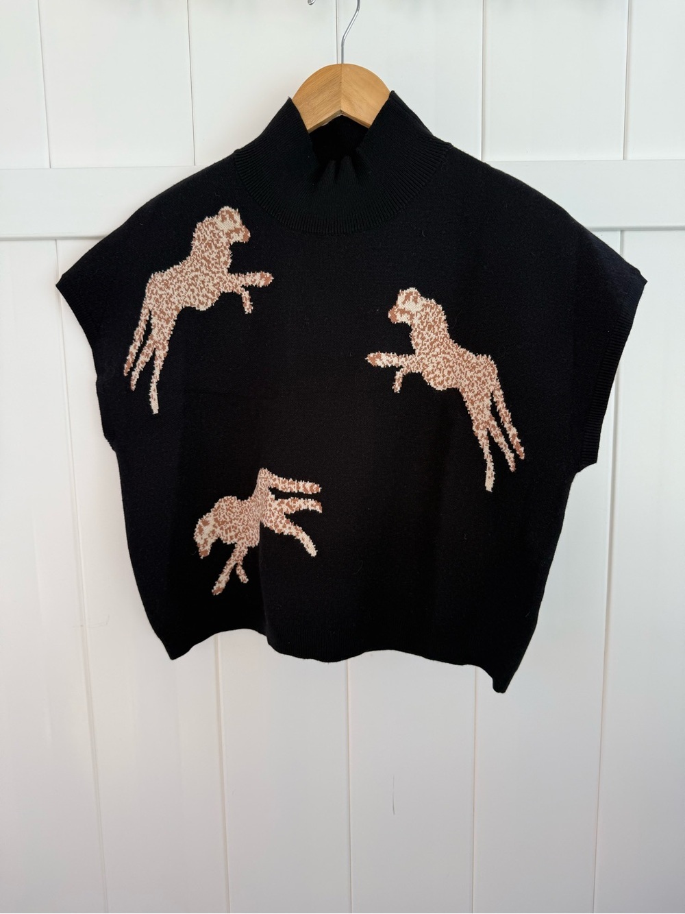 Black Knit Sleeveless Sweater Vest with Tan Cheetahs